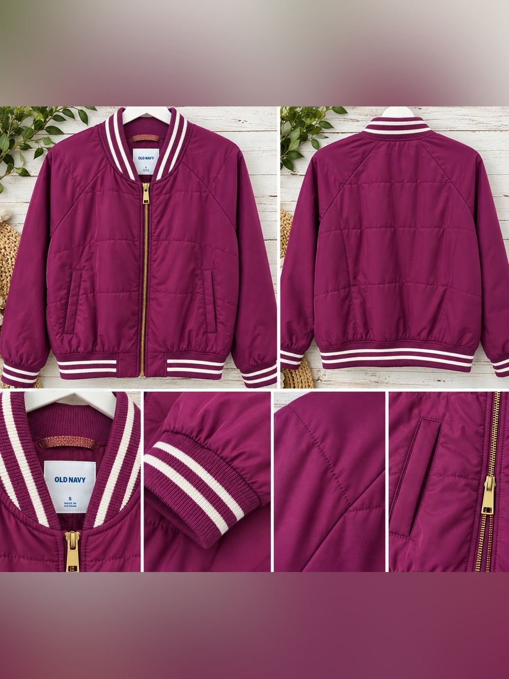 Old Navy Kids' Plum Quilted Puffer Bomber Jacket with Stripe Trim